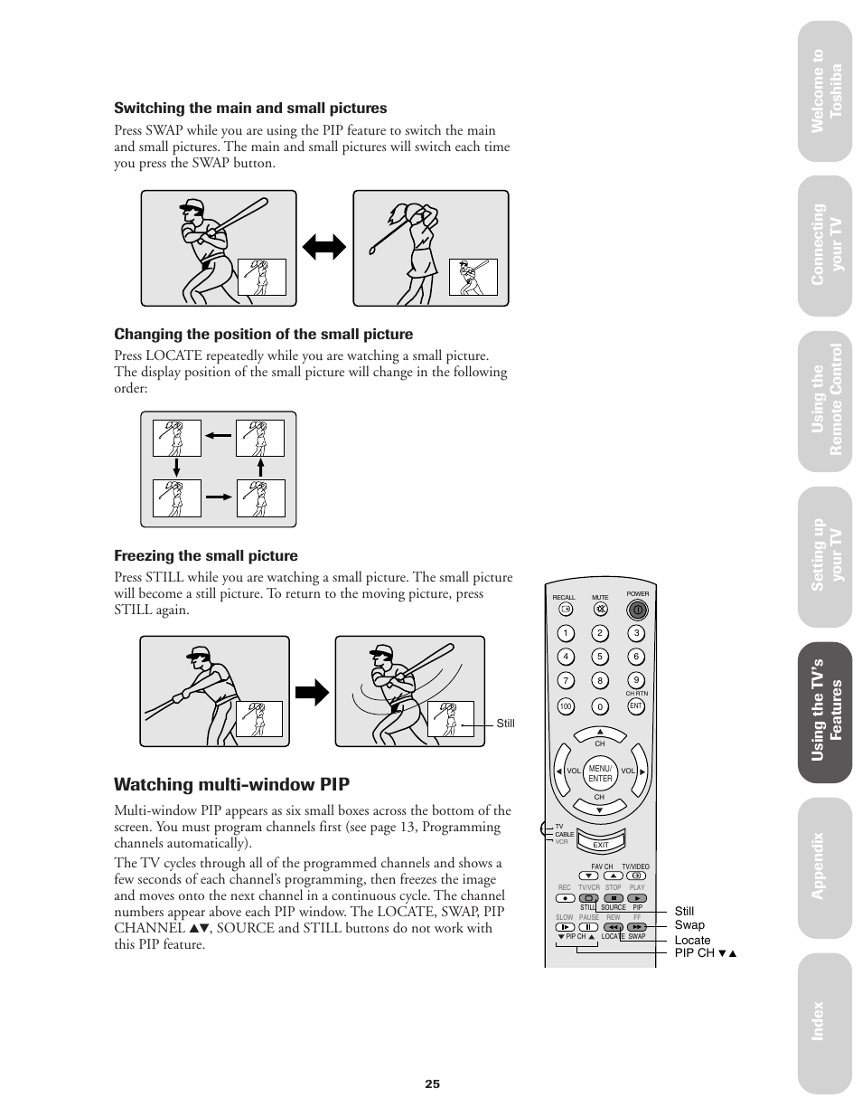 Watching multi-window pip, Ref er ence, Changing the position of the small picture | Freezing the small picture | Toshiba Color Television 36A11 User Manual | Page 31 / 44