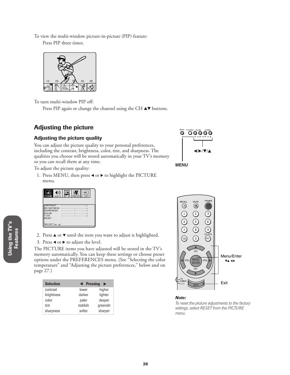Adjusting the picture, Using the t v ’s f eatur es, Adjusting the picture quality | Buttons, Press, T/ s / t / s menu | Toshiba Color Television 36A11 User Manual | Page 32 / 44