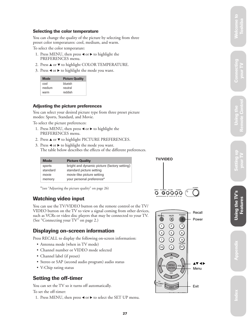 Setting the off-timer, Watching video input, Displaying on-screen information | Ref er ence, Adjusting the picture preferences | Toshiba Color Television 36A11 User Manual | Page 33 / 44