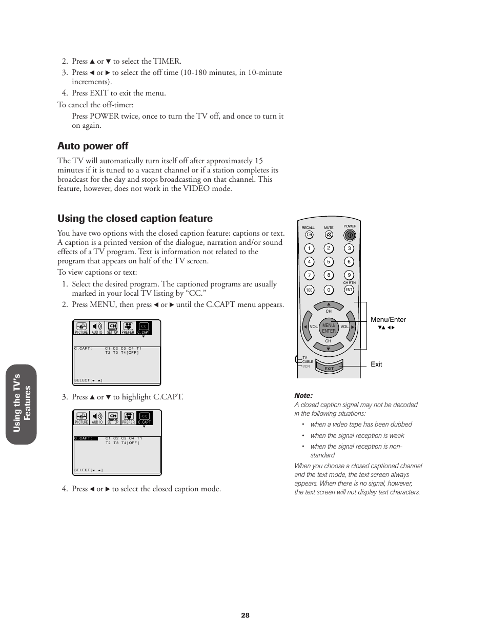 Closed caption, Auto power off, Using the closed caption feature | Using the t v ’s f eatur es, Press, Until the c.capt menu appears | Toshiba Color Television 36A11 User Manual | Page 34 / 44