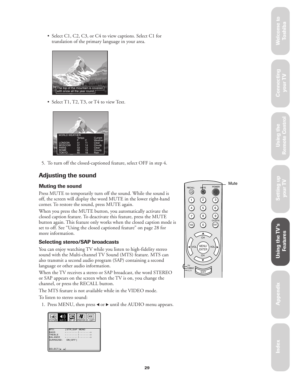 Adjusting the sound, Ref er ence, Muting the sound | Selecting stereo/sap broadcasts, Select t1, t2, t3, or t4 to view text, Until the audio menu appears | Toshiba Color Television 36A11 User Manual | Page 35 / 44