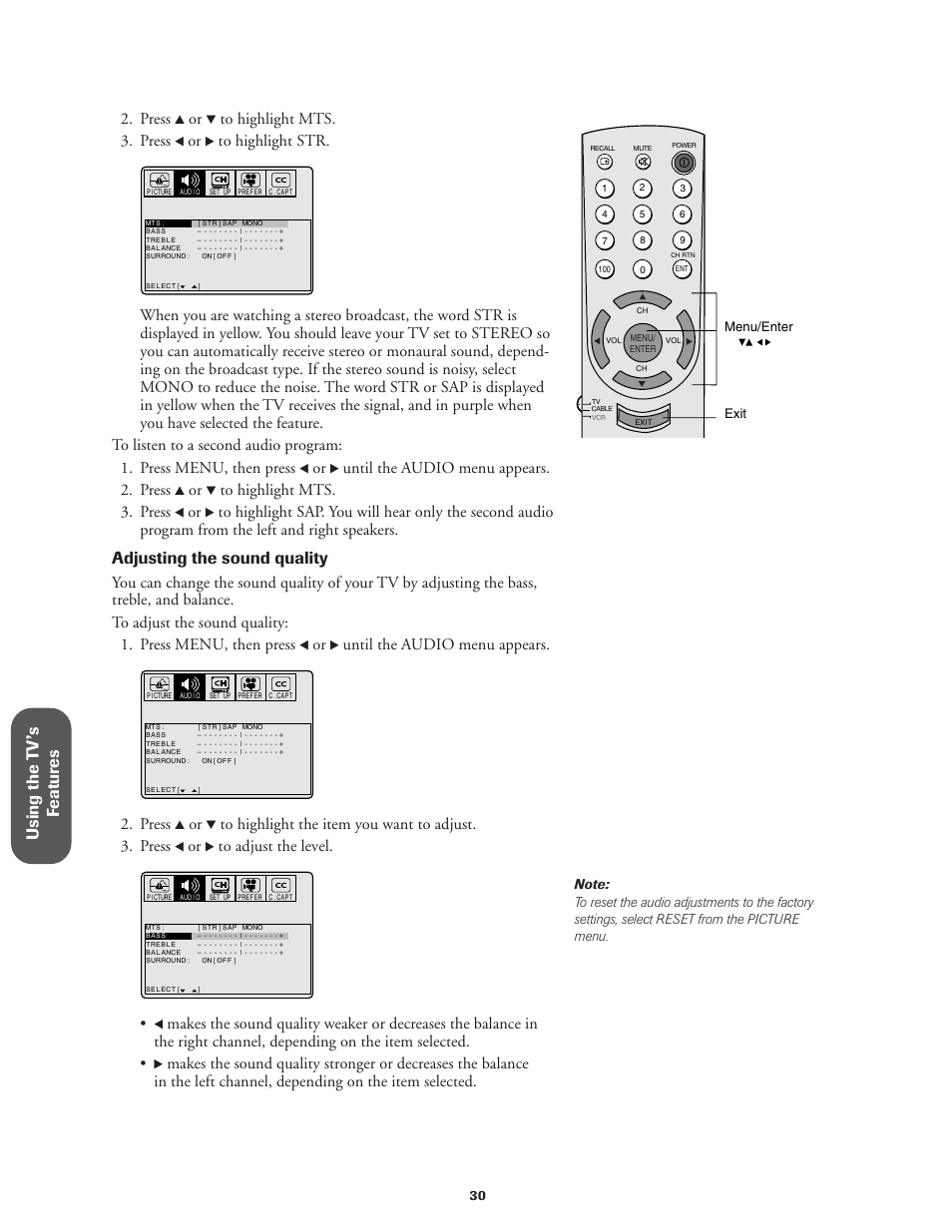 Using the t v ’s f eatur es, Adjusting the sound quality, Press | Until the audio menu appears. 2. press, Until the audio menu appears | Toshiba Color Television 36A11 User Manual | Page 36 / 44