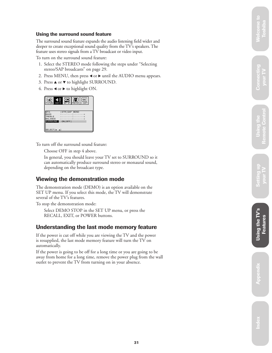 Understanding the last mode memory feature, Viewing the demonstration mode, Ref er ence | Toshiba Color Television 36A11 User Manual | Page 37 / 44