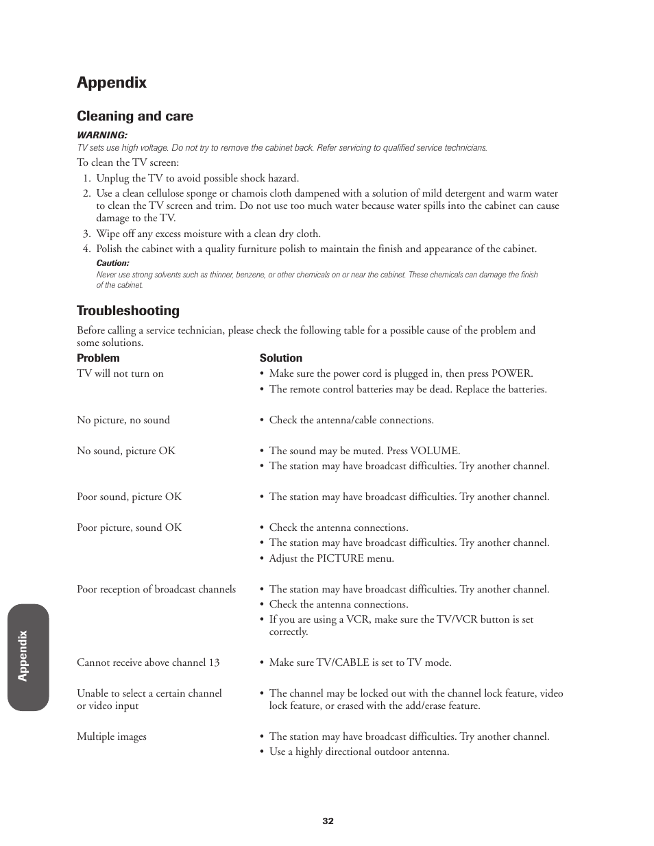 Appendix, Cleaning and care, Troubleshooting | Toshiba Color Television 36A11 User Manual | Page 38 / 44