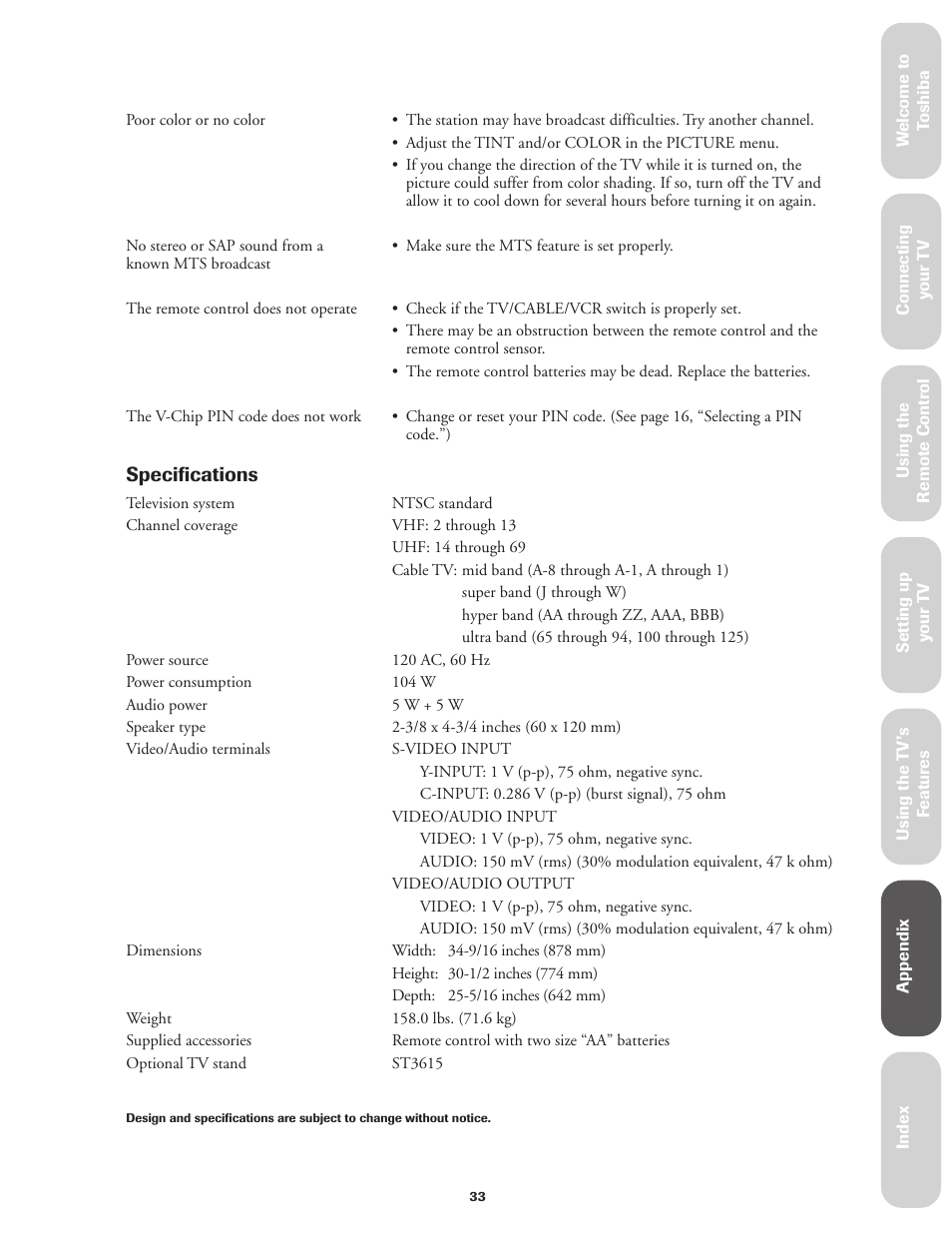 Specifications | Toshiba Color Television 36A11 User Manual | Page 39 / 44