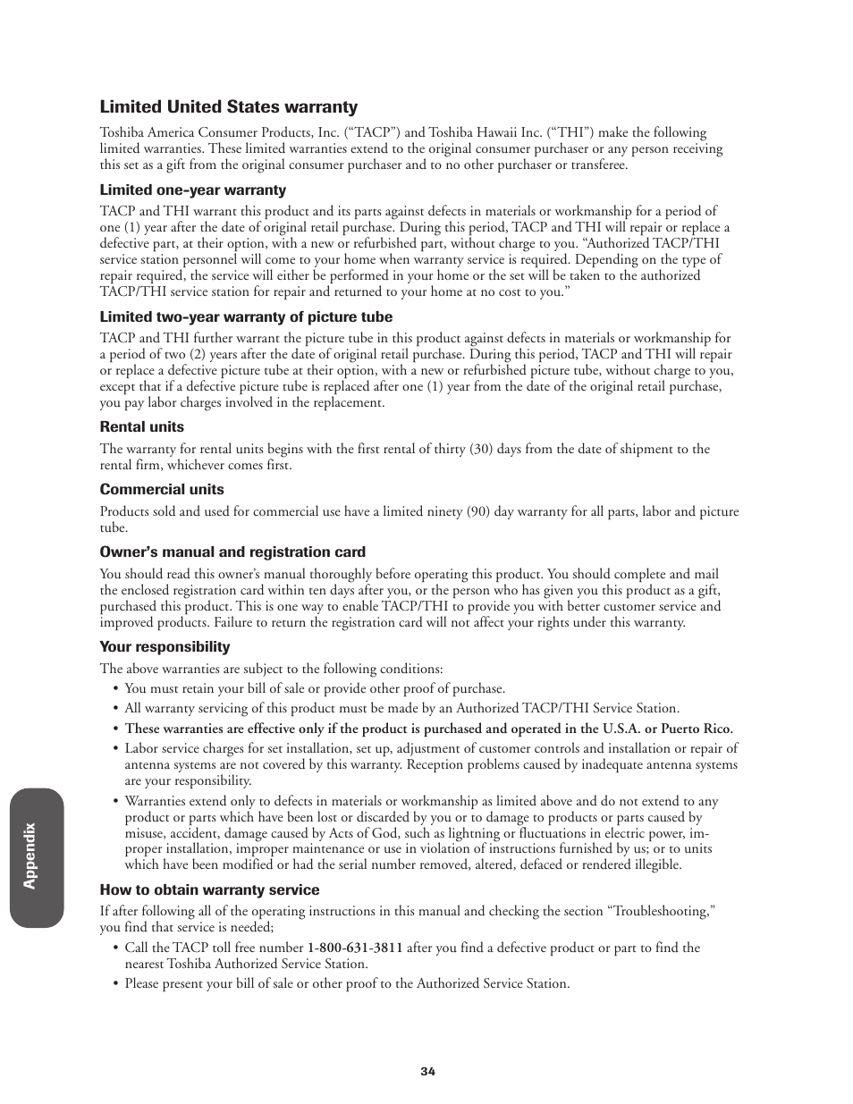 Limited warranty | Toshiba Color Television 36A11 User Manual | Page 40 / 44