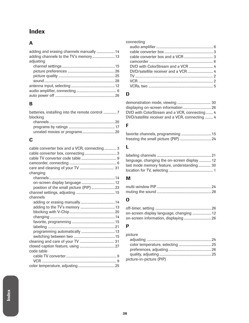 Index | Toshiba Color Television 36A11 User Manual | Page 42 / 44