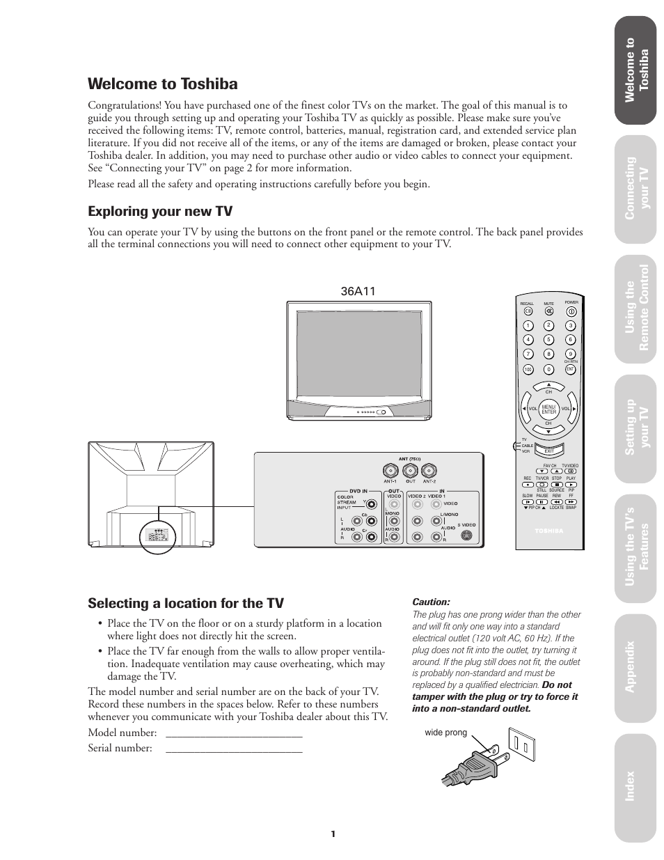 Welcom to toshiba, Welcome to toshiba, Exploring your new tv | Selecting a location for the tv, Ref er ence, 36a11 | Toshiba Color Television 36A11 User Manual | Page 7 / 44
