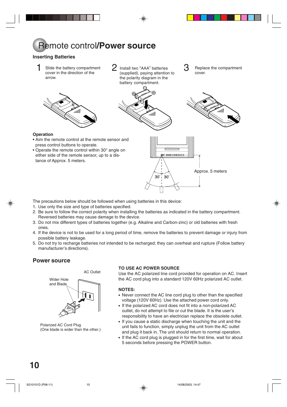 Power source, Remote control /power source | Toshiba MD14FN1 User Manual | Page 10 / 47