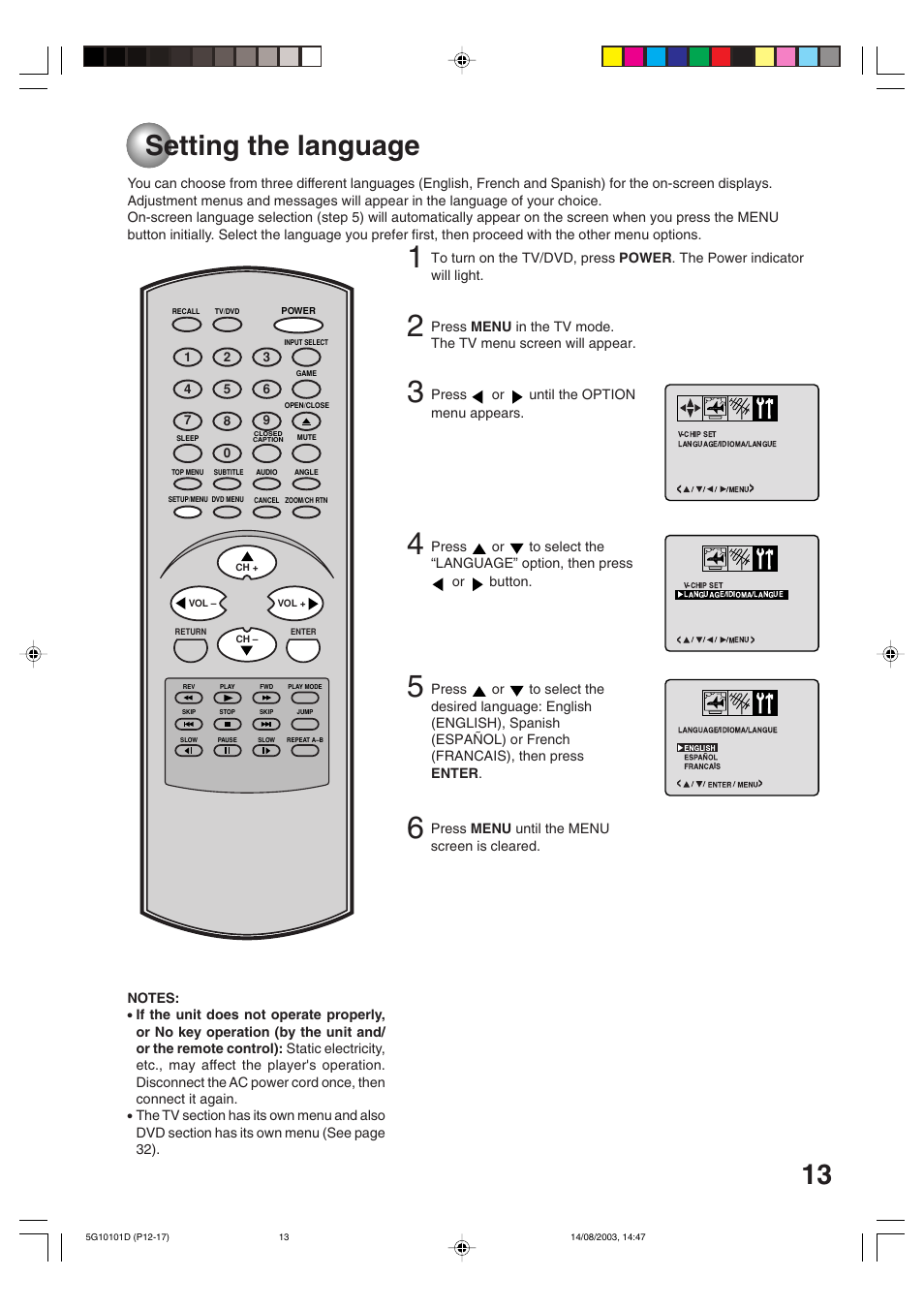 Tv operation, Setting the language | Toshiba MD14FN1 User Manual | Page 13 / 47