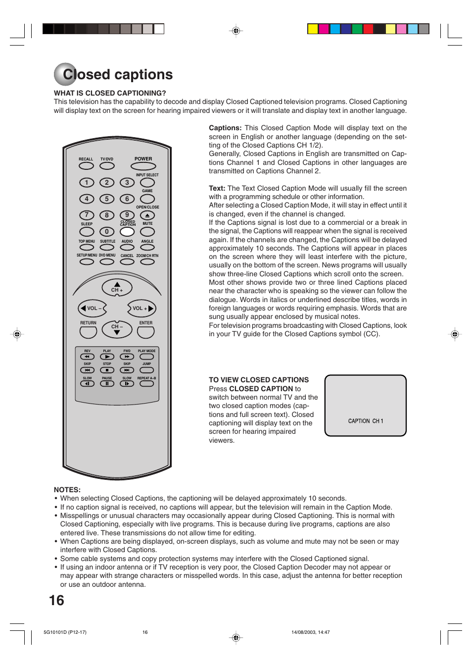 Closed captions | Toshiba MD14FN1 User Manual | Page 16 / 47