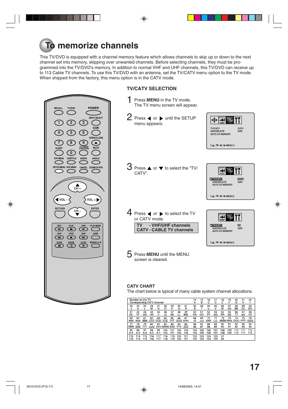 To memorize channels, Tv/catv selection | Toshiba MD14FN1 User Manual | Page 17 / 47