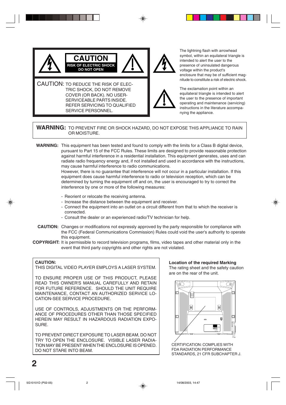 Caution, Warning | Toshiba MD14FN1 User Manual | Page 2 / 47