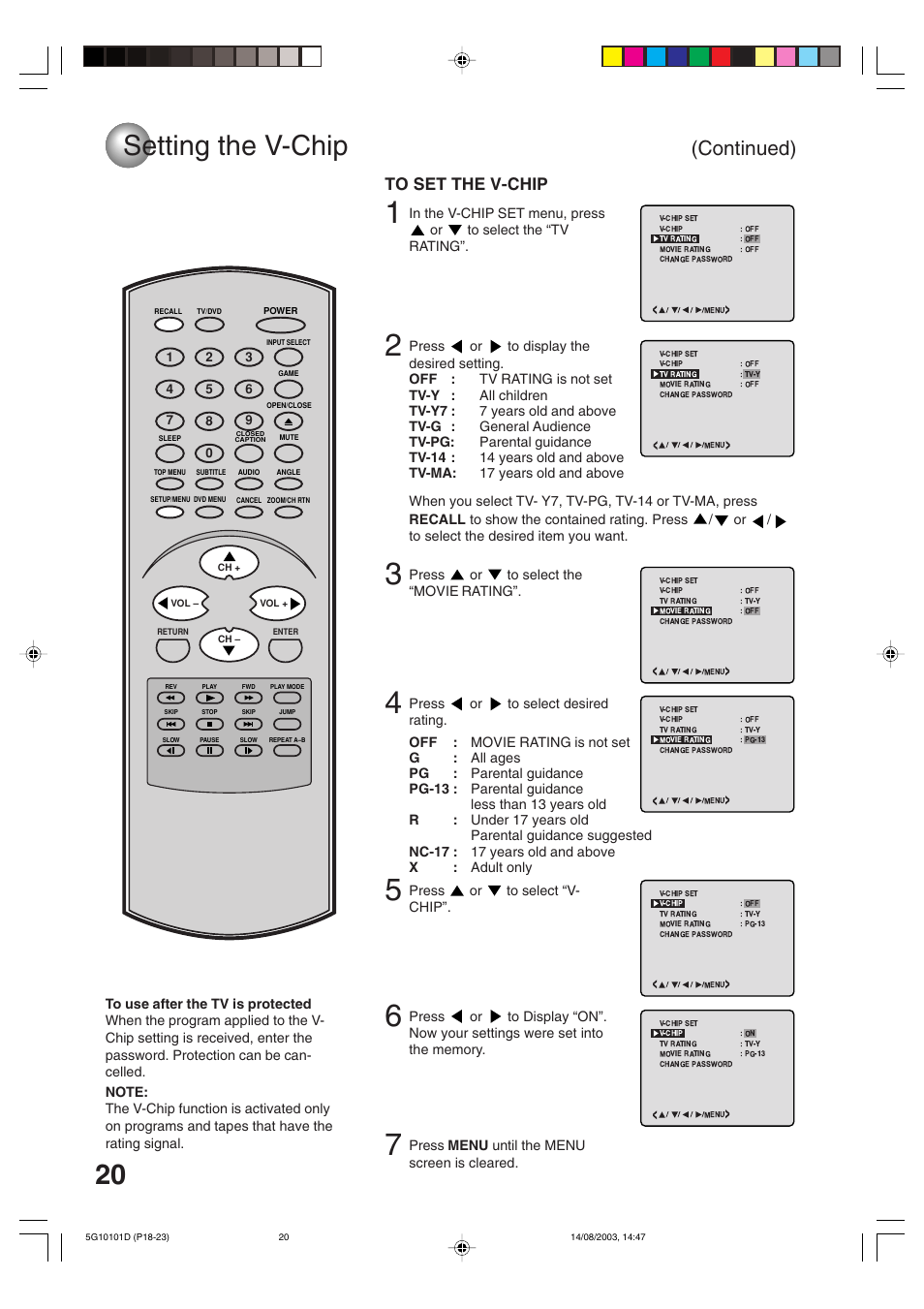 Setting the v-chip, Continued) | Toshiba MD14FN1 User Manual | Page 20 / 47