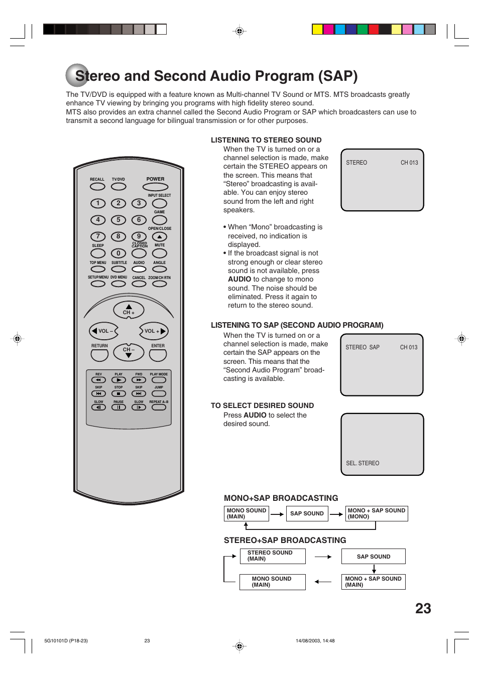 Stereo and second audio program, Stereo and second audio program (sap), Mono+sap broadcasting | Stereo+sap broadcasting, Listening to sap (second audio program) | Toshiba MD14FN1 User Manual | Page 23 / 47