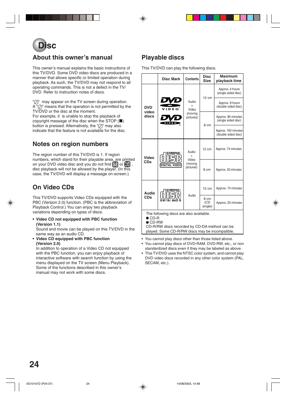 Playback operation, Disc, 24 disc | About this owner’s manual, On video cds, Playable discs | Toshiba MD14FN1 User Manual | Page 24 / 47