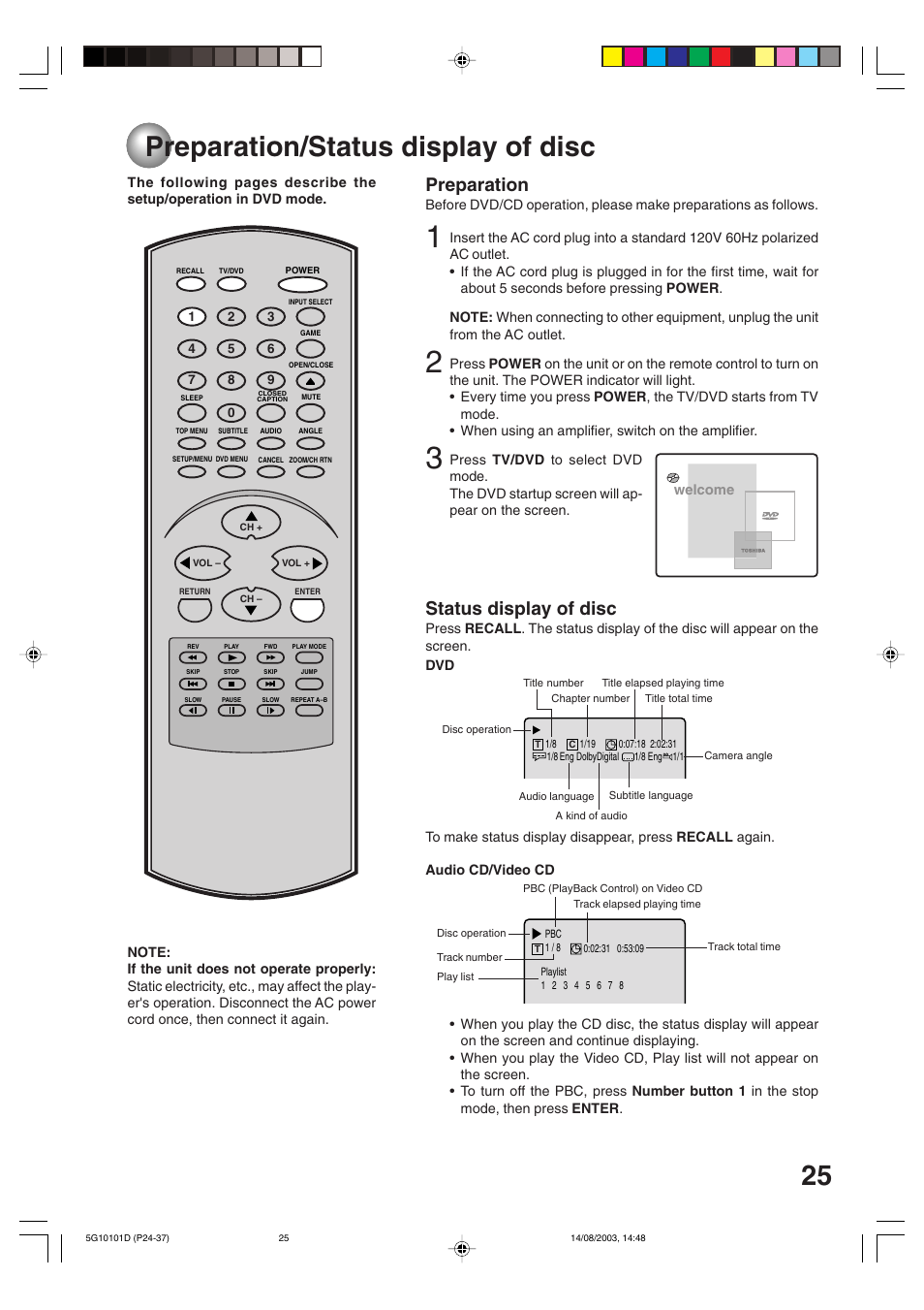 Preparation/status display of disc, 25 preparation/status display of disc, Status display of disc | Preparation | Toshiba MD14FN1 User Manual | Page 25 / 47