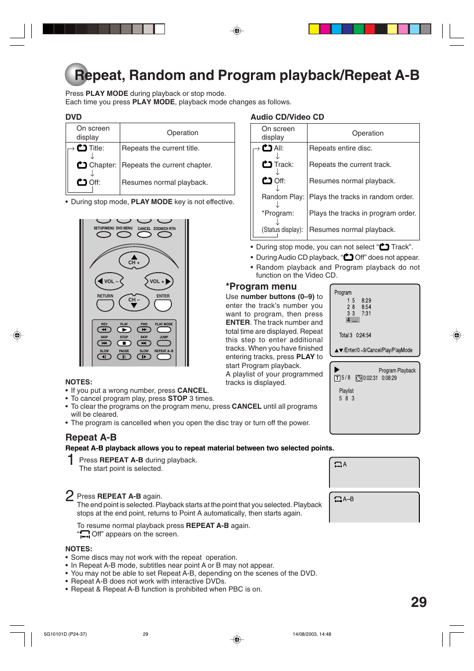 Repeat, random and program playback/repeat a-b, Repeat a-b, Program menu | Toshiba MD14FN1 User Manual | Page 29 / 47