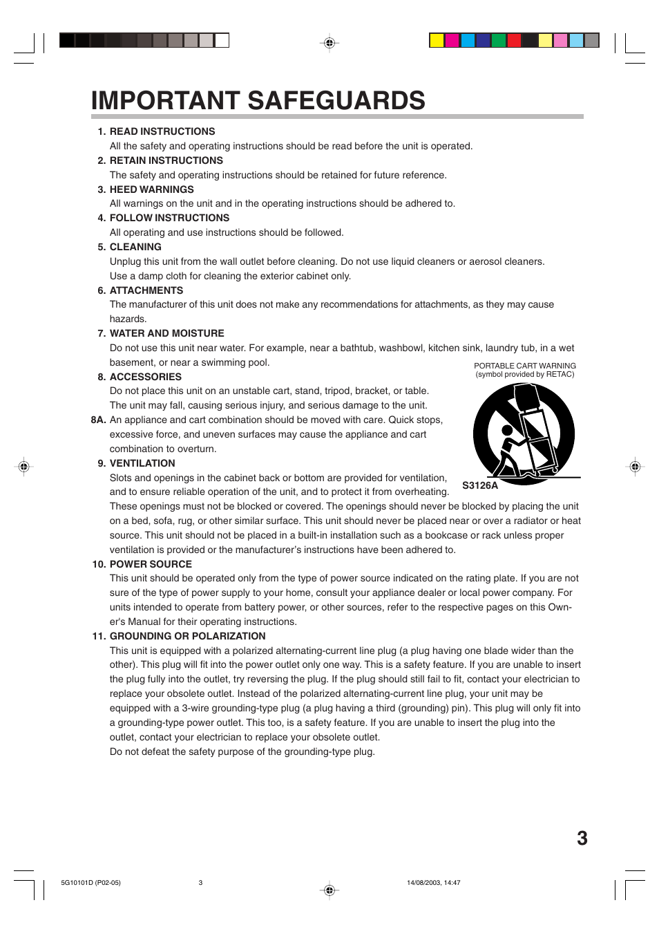 Safeguards, Important safeguards | Toshiba MD14FN1 User Manual | Page 3 / 47