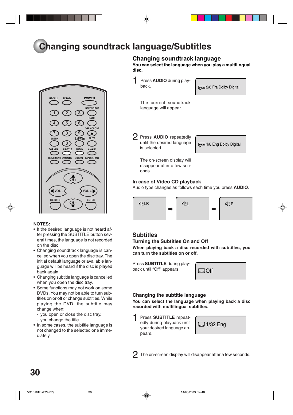 Changing soundtrack language/subtitles, Subtitles, Changing soundtrack language | 1/32 eng | Toshiba MD14FN1 User Manual | Page 30 / 47