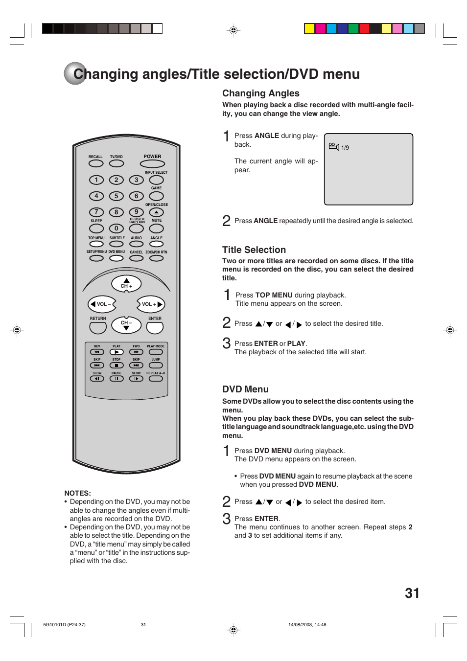 Changing angles/title selection/dvd menu, Changing angles, Title selection | Dvd menu | Toshiba MD14FN1 User Manual | Page 31 / 47