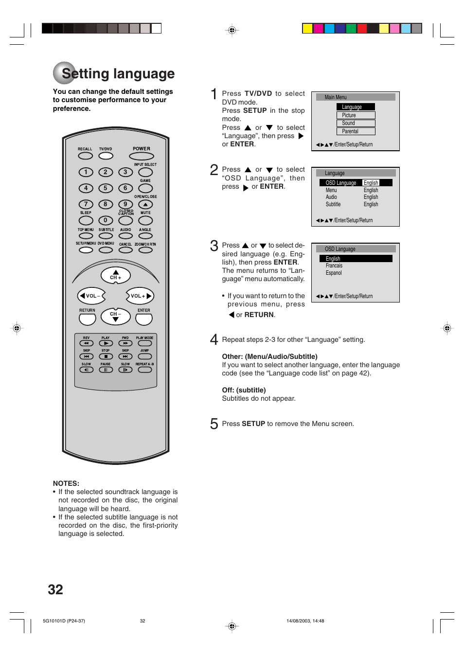 Additional information, Setting language | Toshiba MD14FN1 User Manual | Page 32 / 47