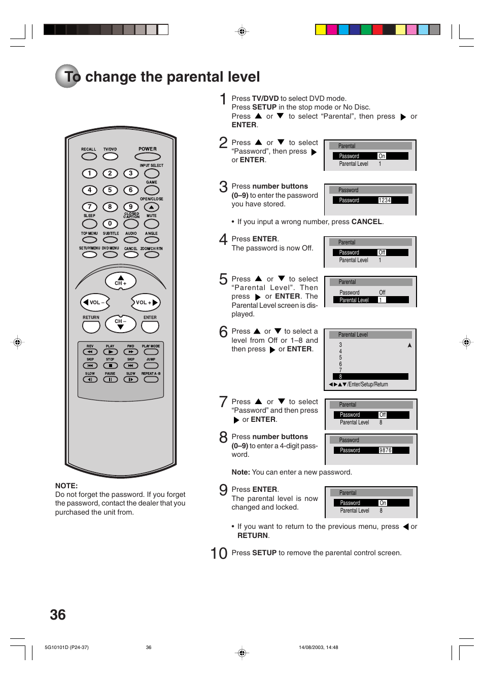 To change the parental level | Toshiba MD14FN1 User Manual | Page 36 / 47