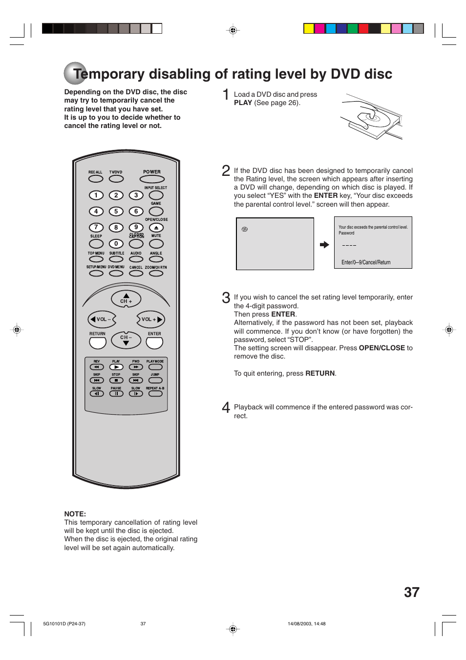 Temporary disabling of rating level by dvd disc | Toshiba MD14FN1 User Manual | Page 37 / 47