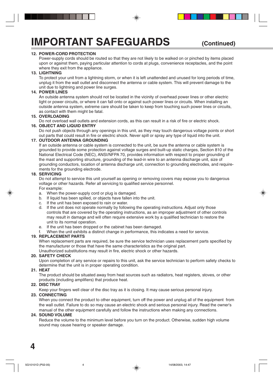 Important safeguards, Continued) | Toshiba MD14FN1 User Manual | Page 4 / 47