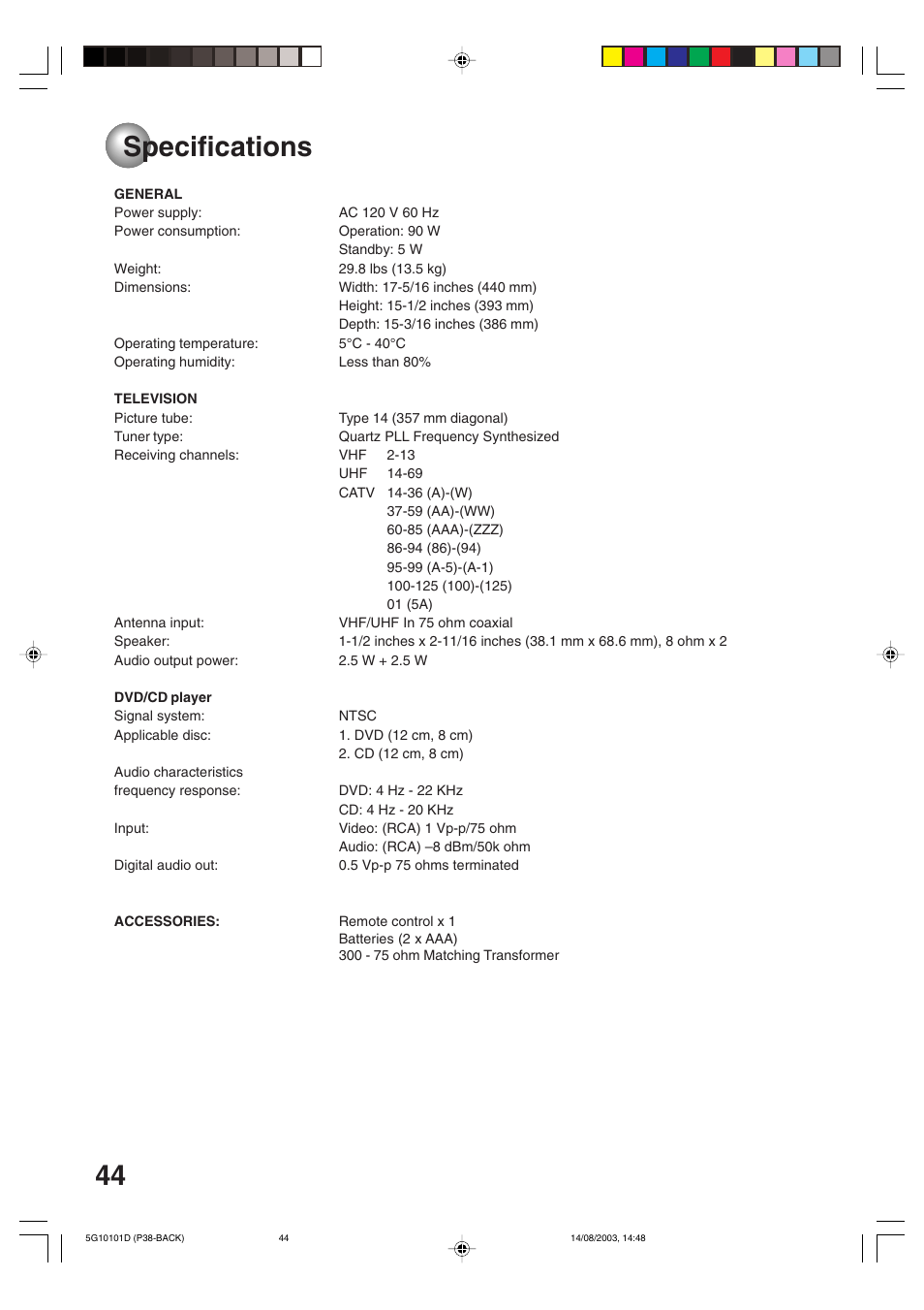 Specifications | Toshiba MD14FN1 User Manual | Page 44 / 47