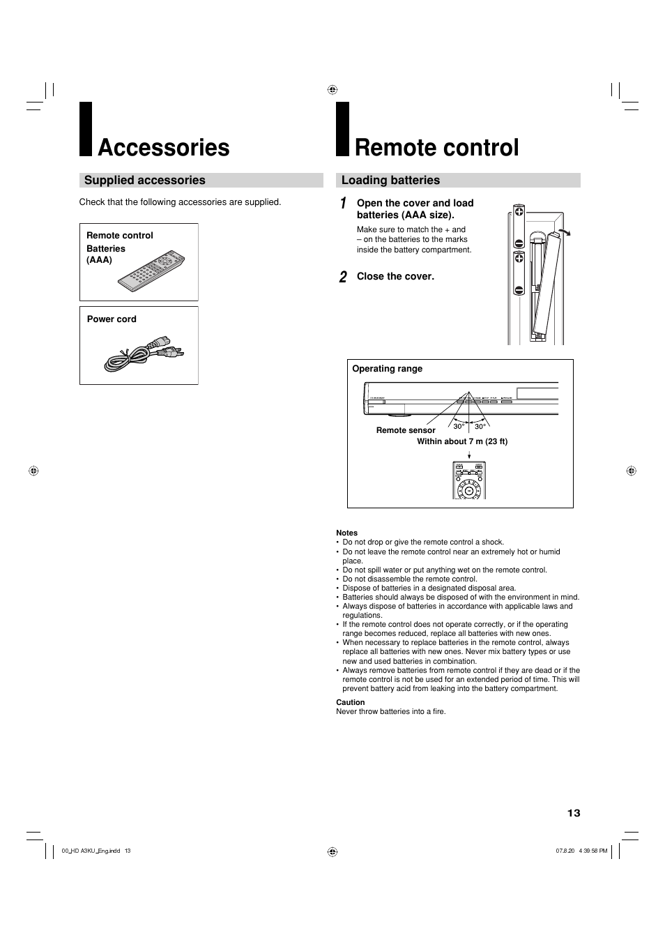 Accessories, Remote control | Toshiba HD-A3KC User Manual | Page 13 / 48