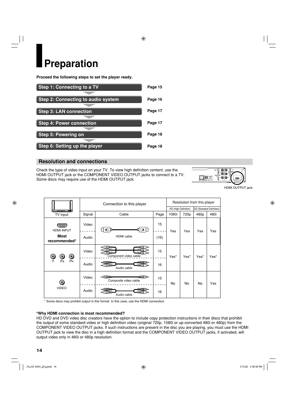 Preparation, Resolution and connections | Toshiba HD-A3KC User Manual | Page 14 / 48