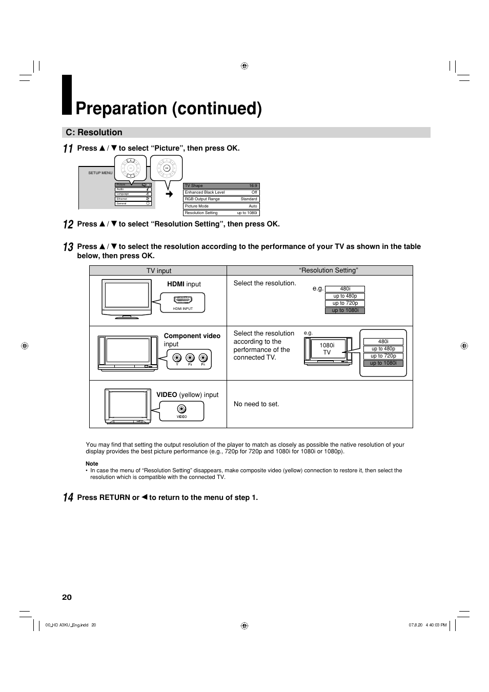 Preparation (continued), C: resolution | Toshiba HD-A3KC User Manual | Page 20 / 48