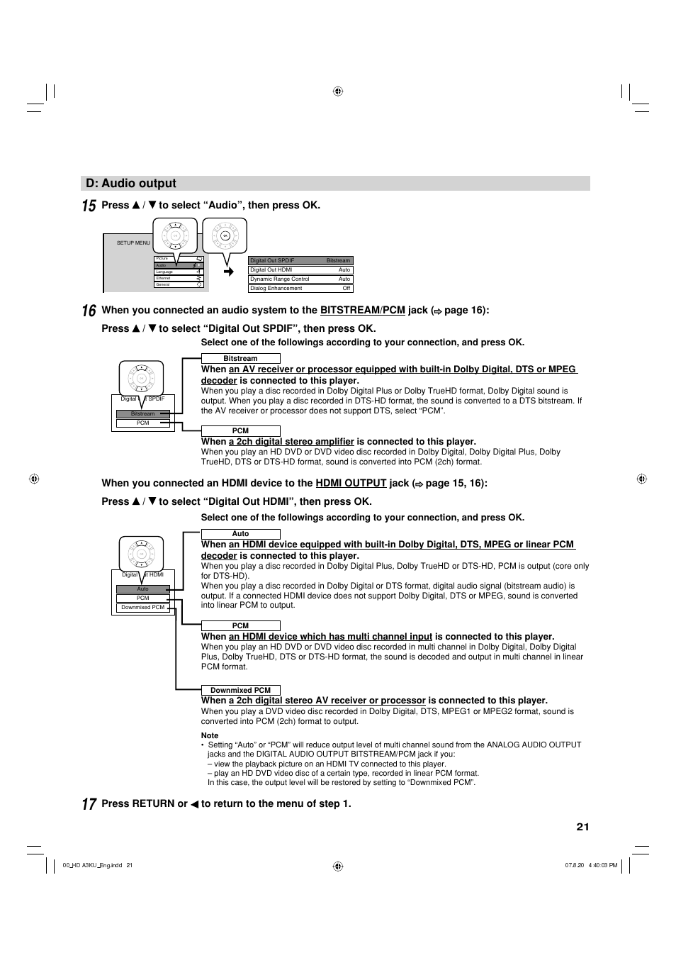 D: audio output | Toshiba HD-A3KC User Manual | Page 21 / 48