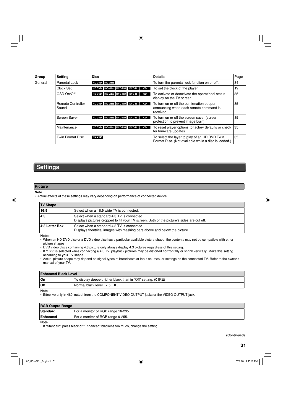 Settings | Toshiba HD-A3KC User Manual | Page 31 / 48
