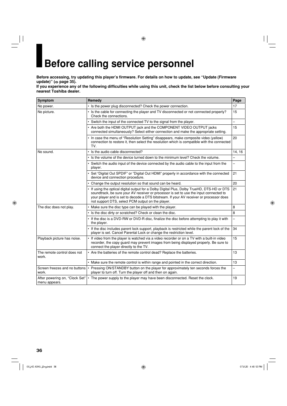 Before calling service personnel | Toshiba HD-A3KC User Manual | Page 36 / 48