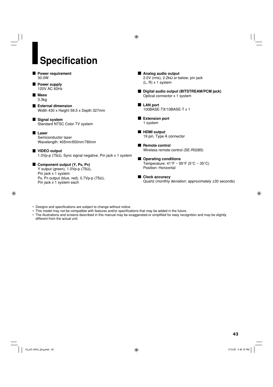 Specifi cation | Toshiba HD-A3KC User Manual | Page 43 / 48