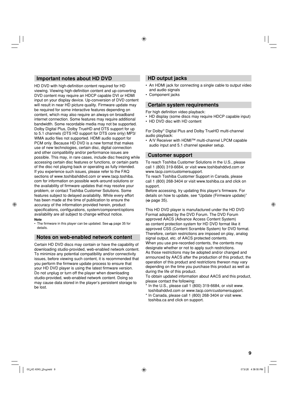 Hd output jacks, Certain system requirements, Customer support | Toshiba HD-A3KC User Manual | Page 9 / 48