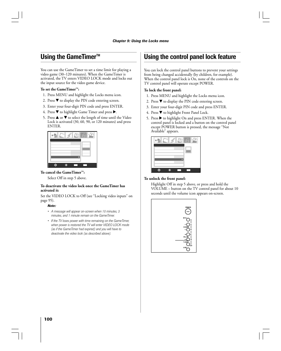 Using the gametimer, Using the control panel lock feature | Toshiba 56MX195 User Manual | Page 100 / 128