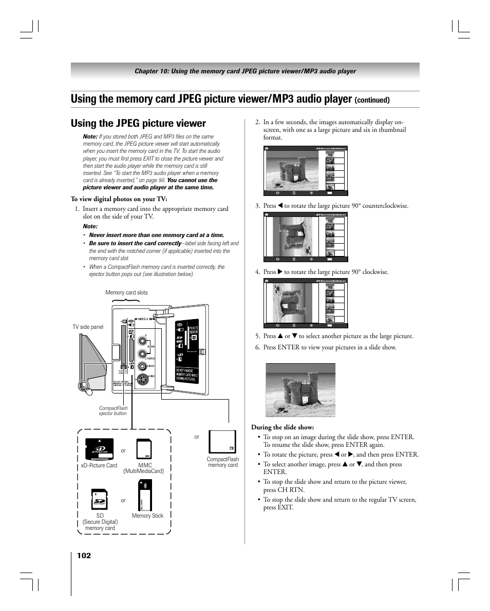 Using the jpeg picture viewer, Continued), Press • to rotate the large picture 90° clockwise | Toshiba 56MX195 User Manual | Page 102 / 128