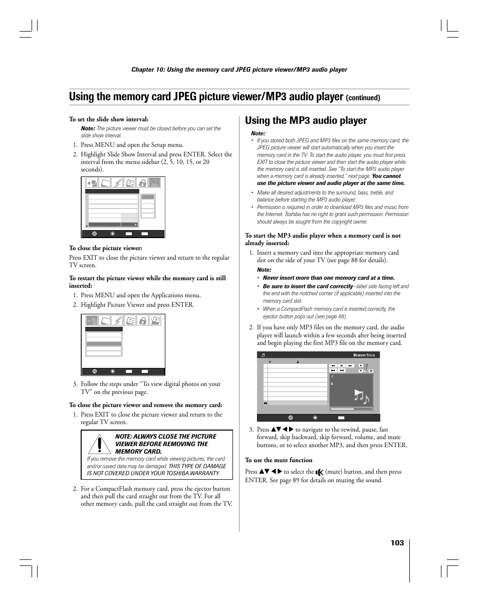 Using the mp3 audio player, Continued) | Toshiba 56MX195 User Manual | Page 103 / 128
