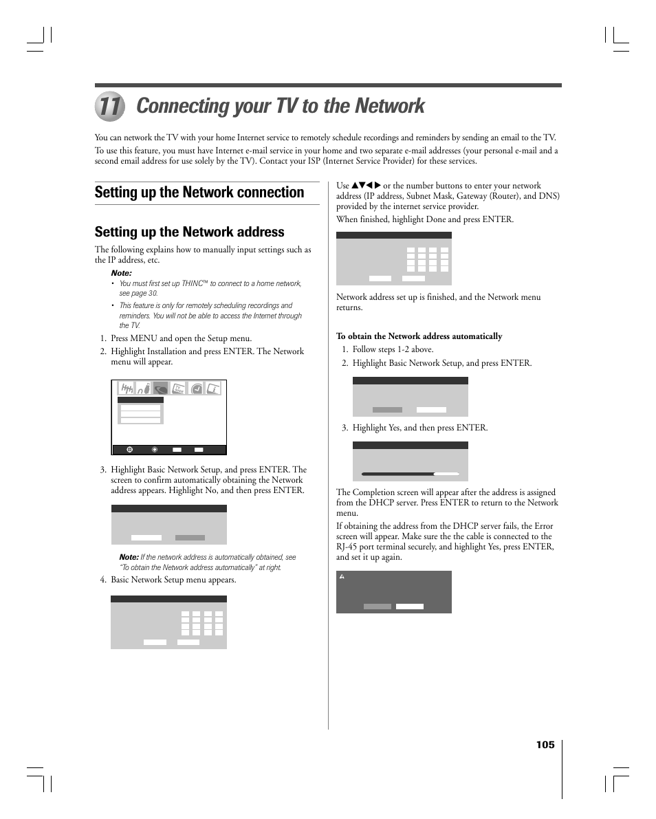 Connecting your tv to the network, Setting up the network connection, Setting up the network address | Basic network setup menu appears, Highlight yes, and then press enter | Toshiba 56MX195 User Manual | Page 105 / 128