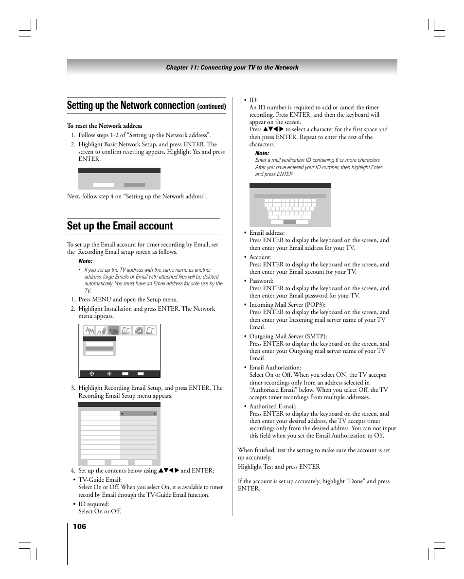 Setting up the network connection, Set up the email account, Continued) | Toshiba 56MX195 User Manual | Page 106 / 128