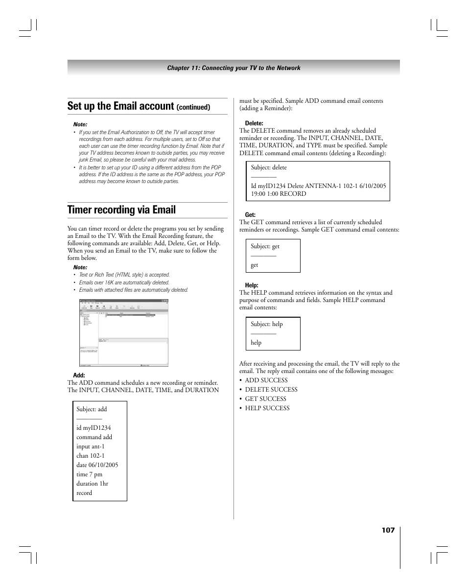 Set up the email account, Timer recording via email | Toshiba 56MX195 User Manual | Page 107 / 128