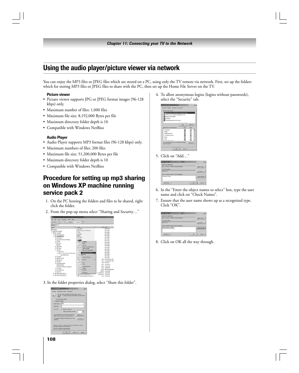 Using the audio player/picture viewer via network | Toshiba 56MX195 User Manual | Page 108 / 128