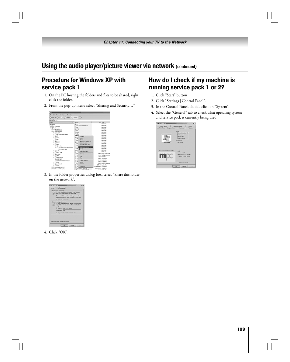 Using the audio player/picture viewer via network, Procedure for windows xp with service pack 1 | Toshiba 56MX195 User Manual | Page 109 / 128