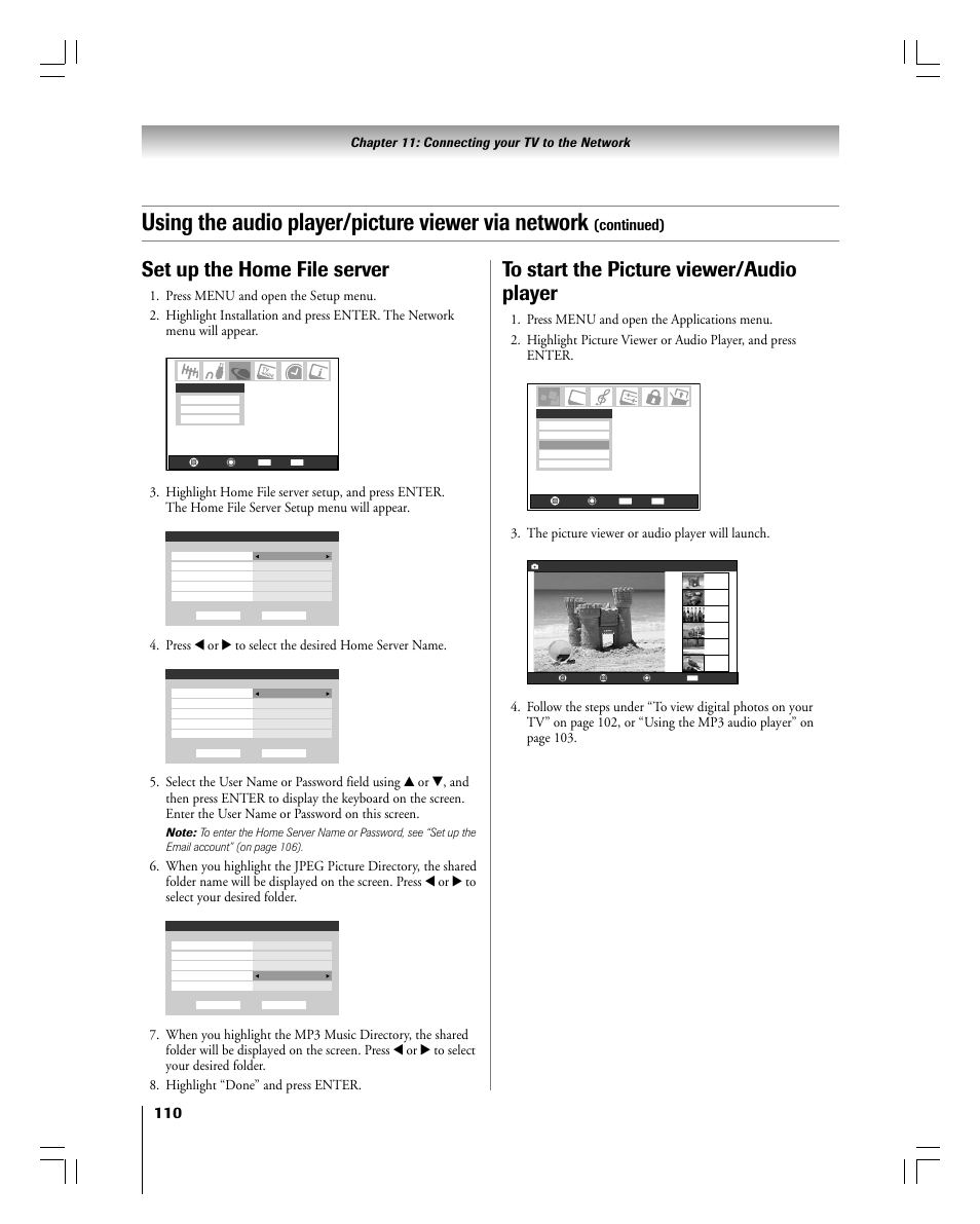 Using the audio player/picture viewer via network, Set up the home file server, Continued) | The picture viewer or audio player will launch | Toshiba 56MX195 User Manual | Page 110 / 128