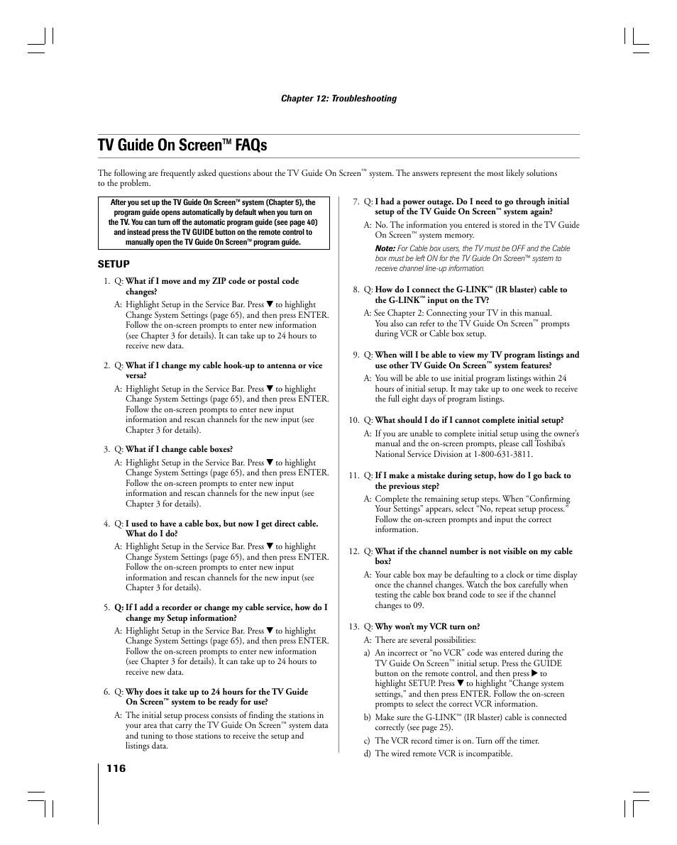 Tv guide on screen™ faqs | Toshiba 56MX195 User Manual | Page 116 / 128