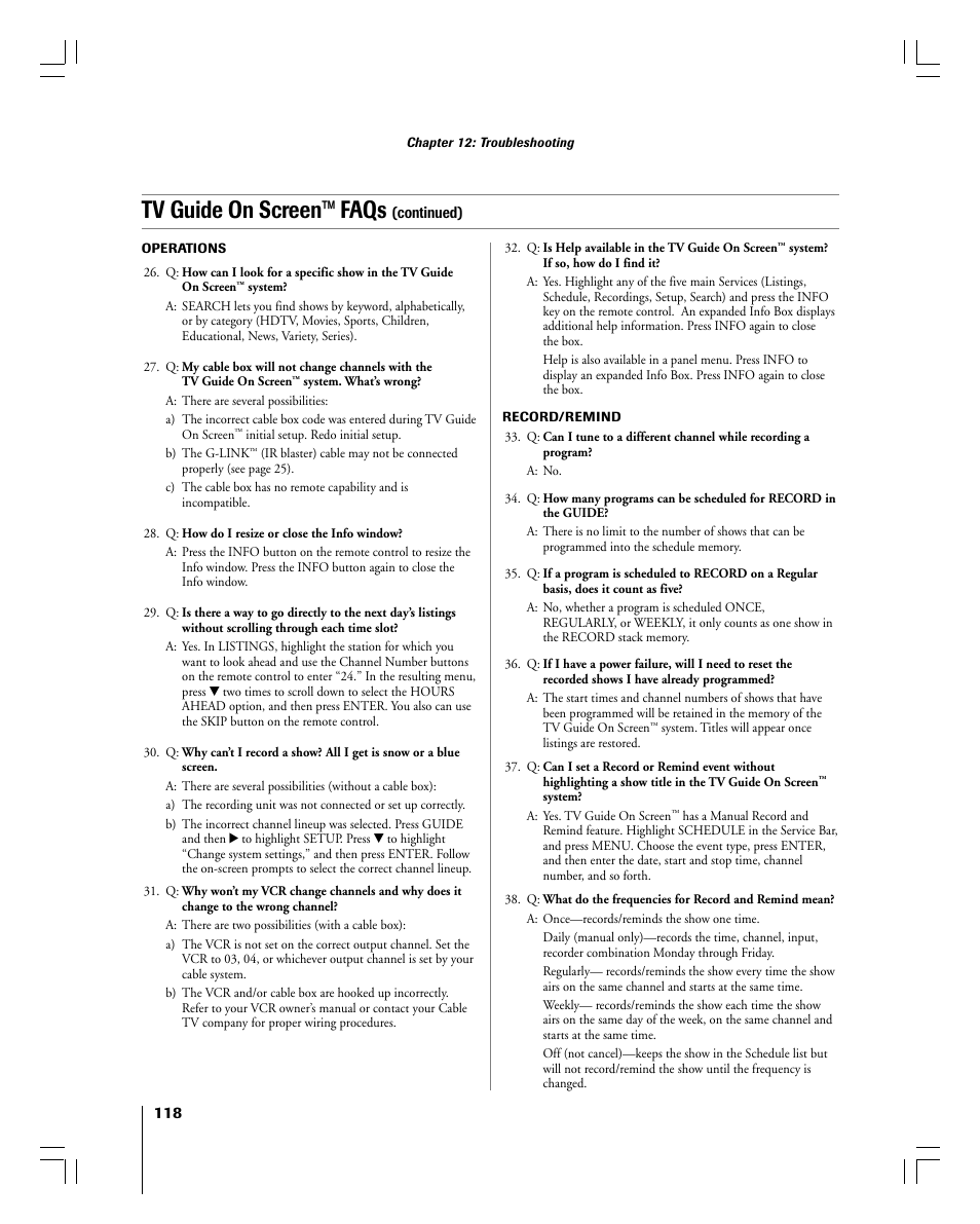 Tv guide on screen™ faqs | Toshiba 56MX195 User Manual | Page 118 / 128