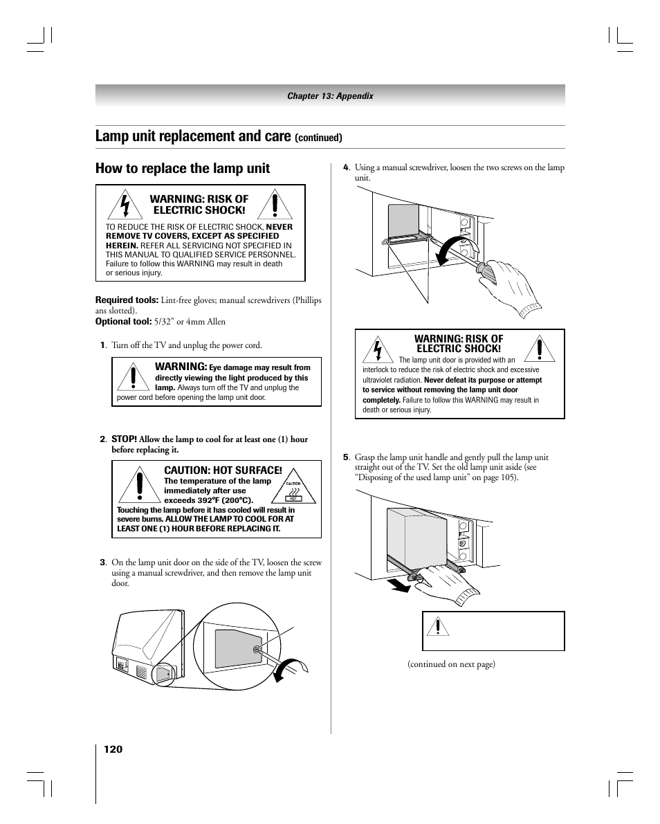 Lamp unit replacement and care, How to replace the lamp unit | Toshiba 56MX195 User Manual | Page 120 / 128